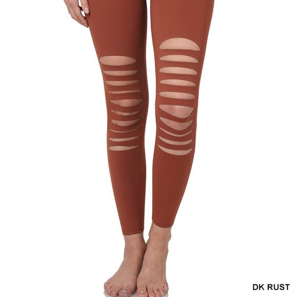 Zenana Outfitters Pants - Travel Passions - Dark Rust Athletic Knee Cut Out Leggings